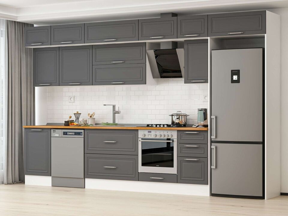 Alvinka 385X240 Cm Klasik Mebran Mutfak Dolabı Mb-E90S50S45-2 Mebran | Antrasit - Suntalam